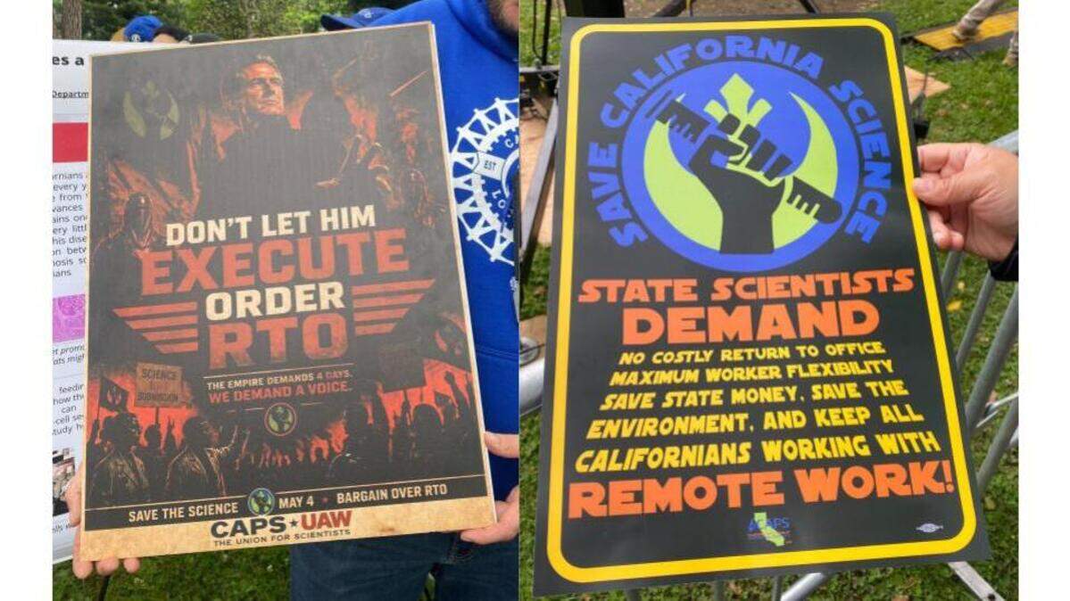 Two posters opposing Gov. Gavin Newsom’s return-to-office directive seen at a rally on Star Wars Day, Monday, May 4. Newsom’s Sacramento return-to-office mandate raises commuting costs, harms working families, may reduce productivity and conflicts with state climate goals.